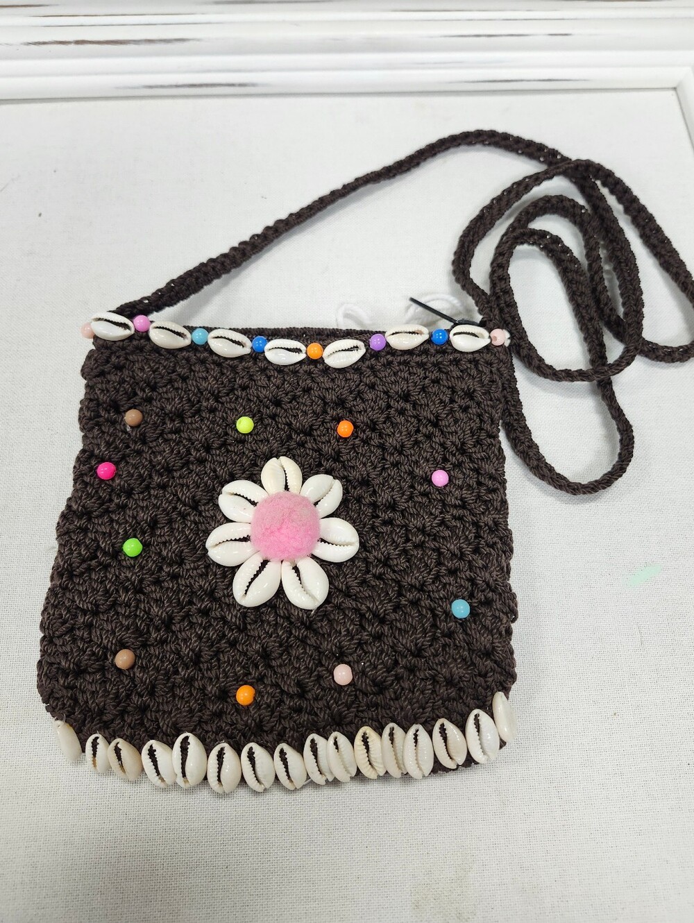 Unique Hand-Crocheted Shell & Bead Crossbody Bag - Brown with Pink Flower